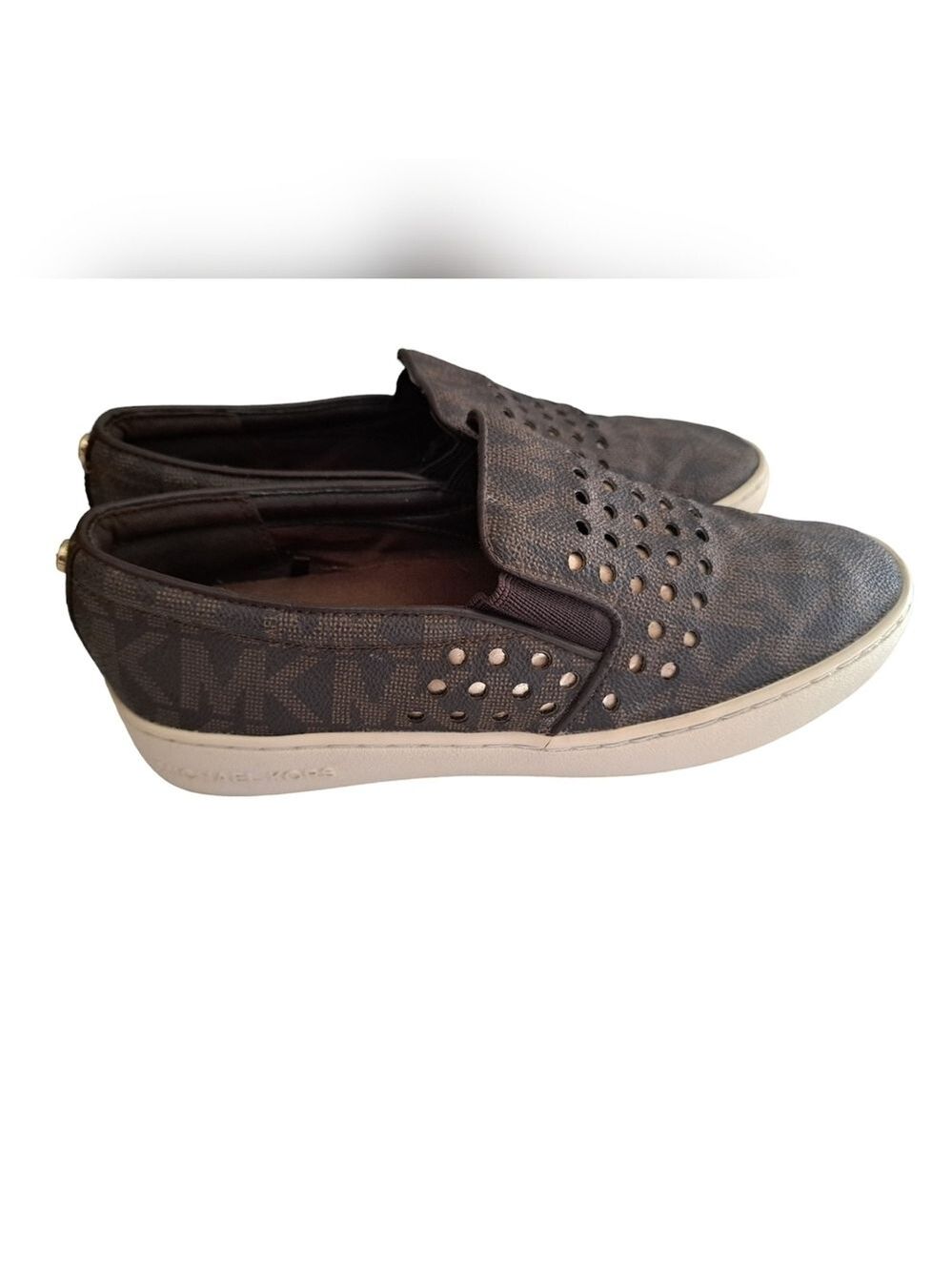 MK Michael KORS Keaton loafer shoes flats slip on laser cut out brown gold 6.5 - Picture 3 of 10